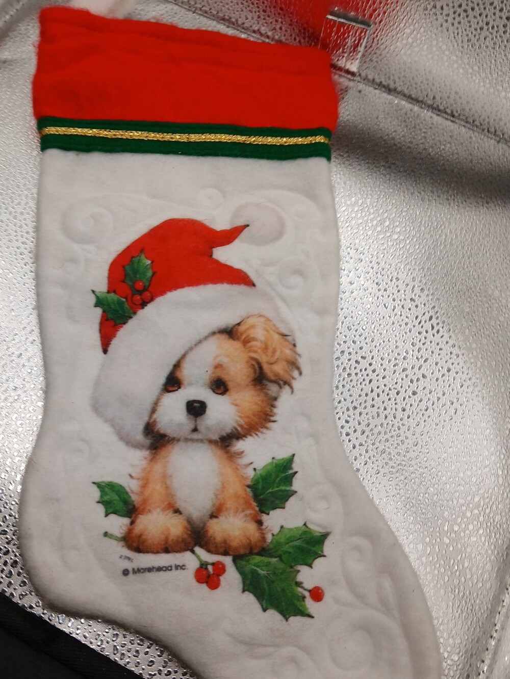 Vintage Morehead Inc Christmas Stocking With Puppy Wearing Santa Hat And Holly